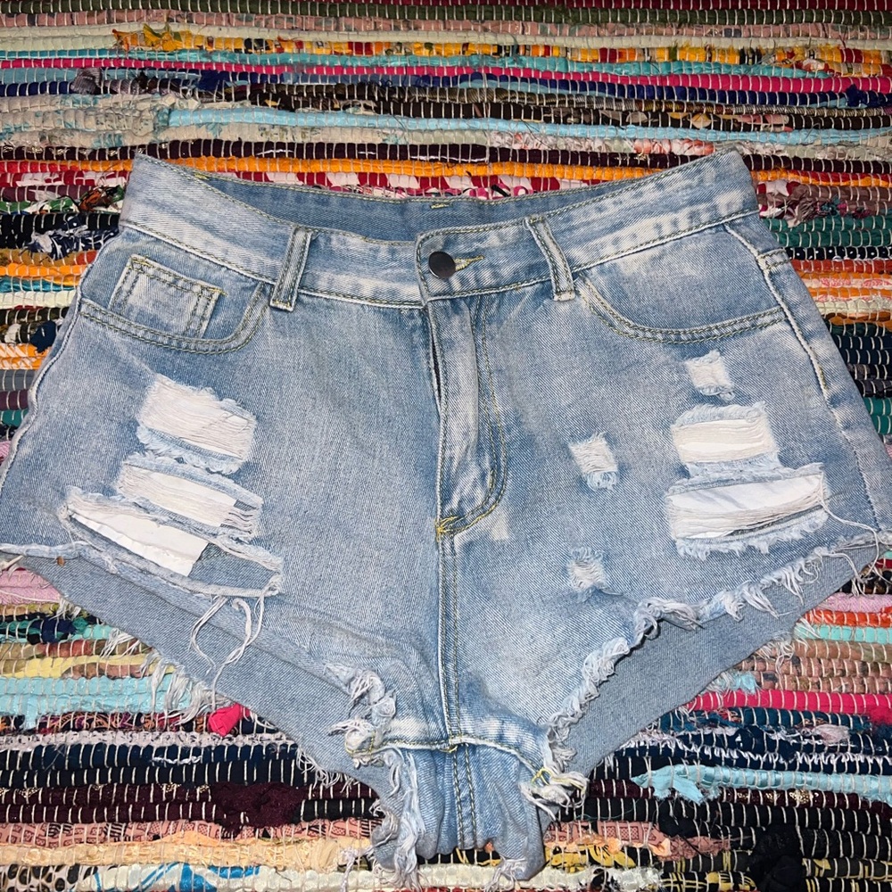 Distressed Light Blue Denim Shorts
